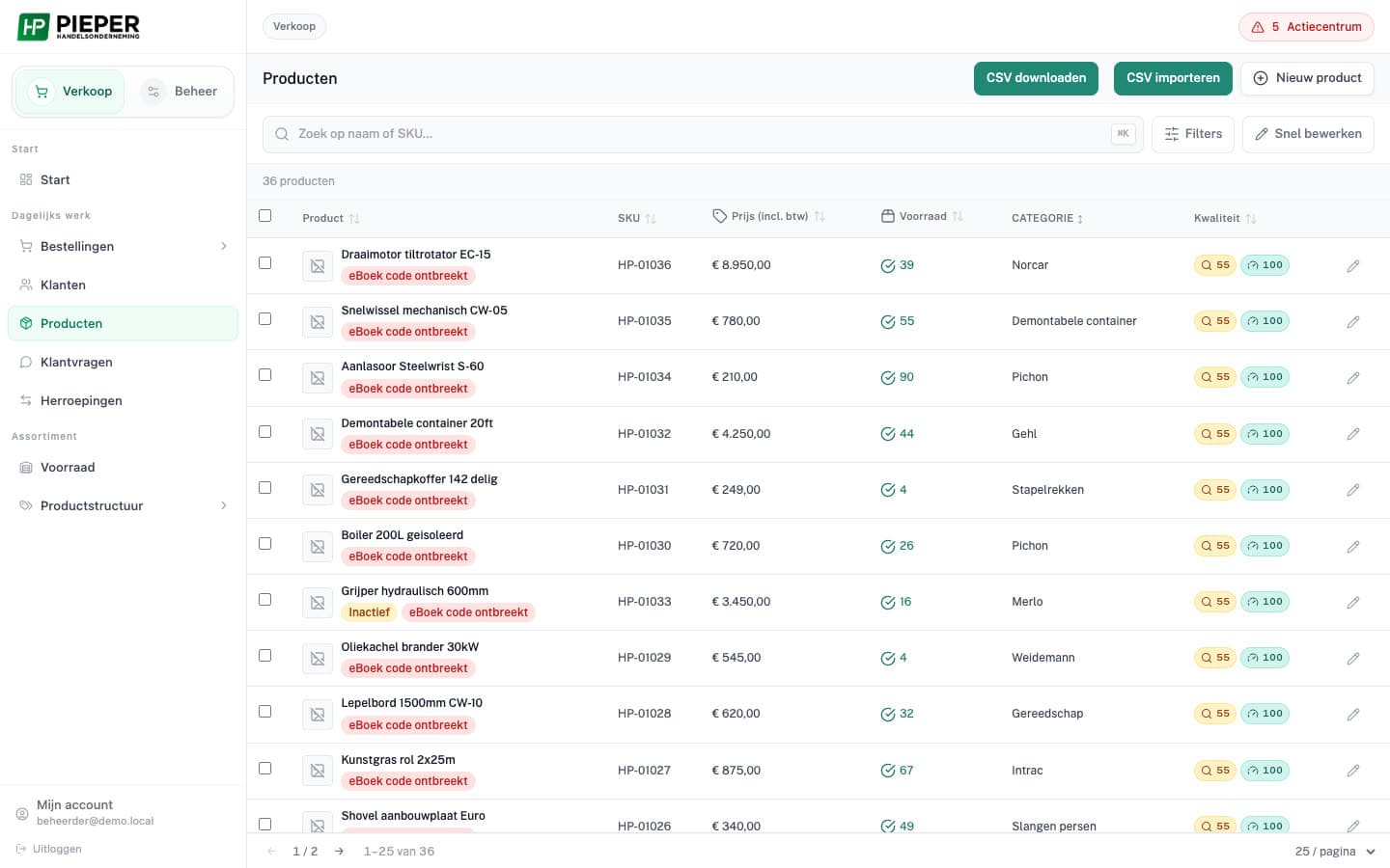 HP Pieper — beheeromgeving — Productbeheer: SKU’s, voorraad, CSV-import