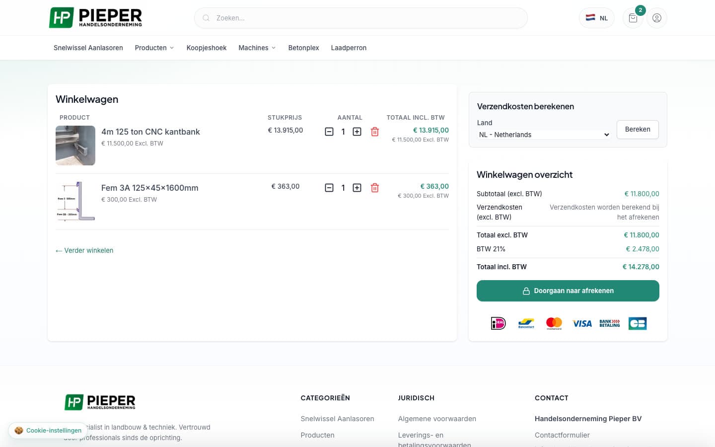 HP Pieper — webshop — Winkelwagen: btw-overzicht & betaalmethodes