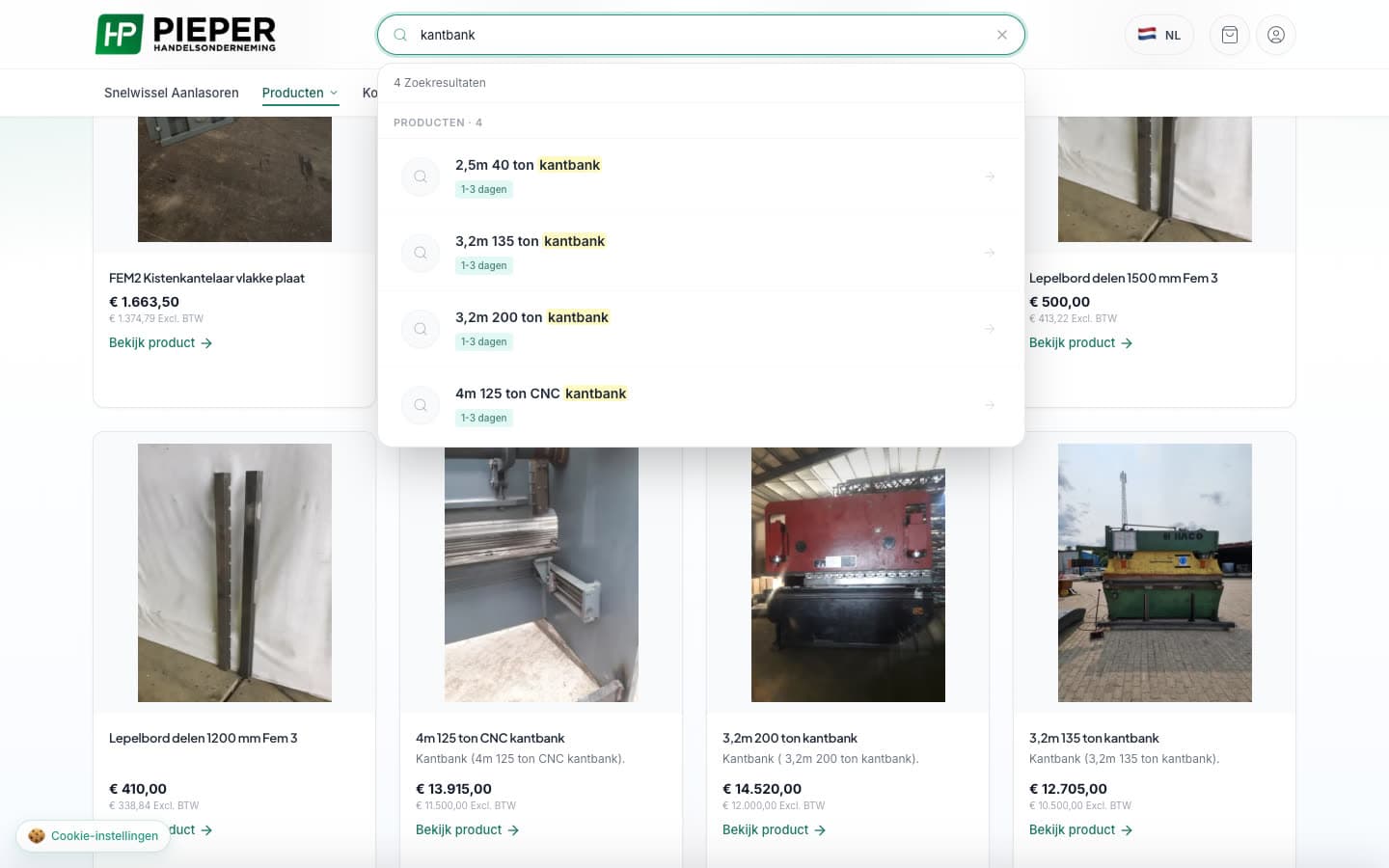 HP Pieper — webshop — Live zoeken met suggesties