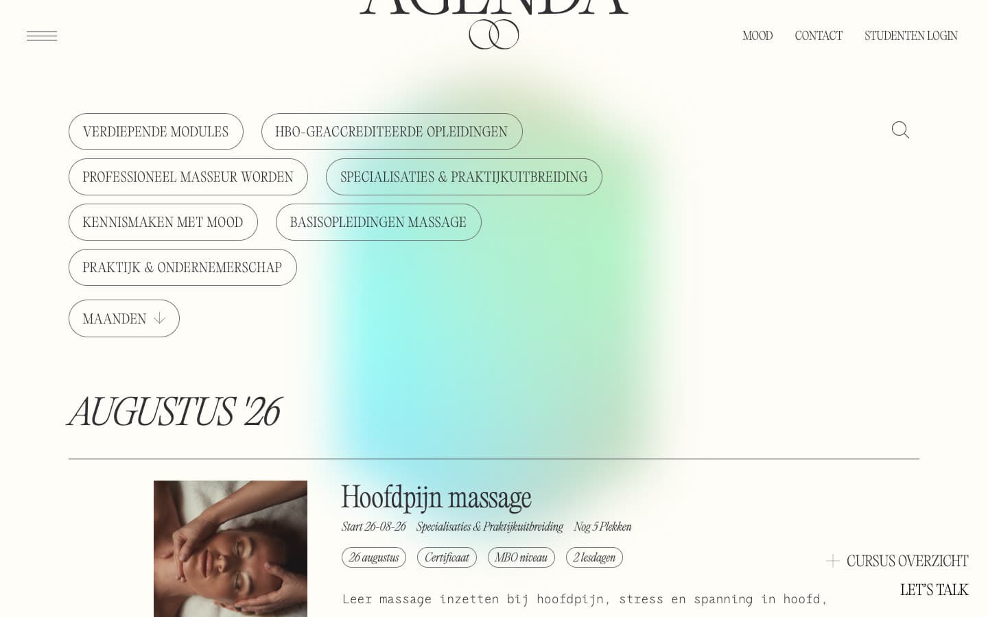 MoodMassage — Live cursusagenda met filters